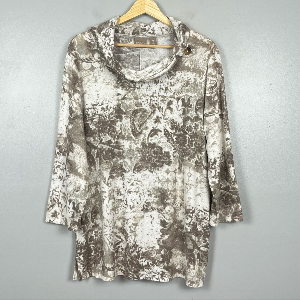 Chico’s brown abstract print cowl neck 3/4 sleeve knit top, XL.